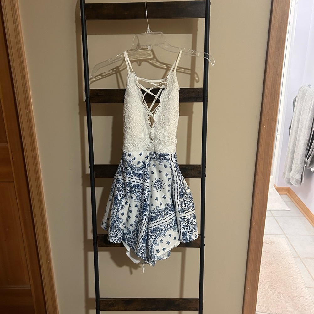 White Lace and Blue Paisley Romper
